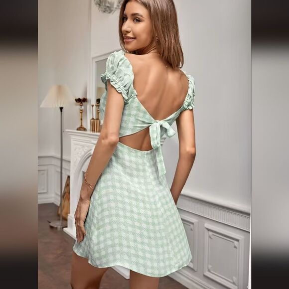 Tie Waist Gingham A-Shape Dress - Picture 2 of 4